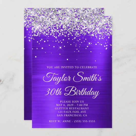 Silver Glitter Violet Paarse 30e verjaardag Kaart (Voorkant / Achterkant)