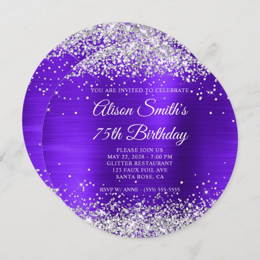 Silver Glitter Violet Paarse Fancy 75e Verjaardag Kaart (Voorkant / Achterkant)