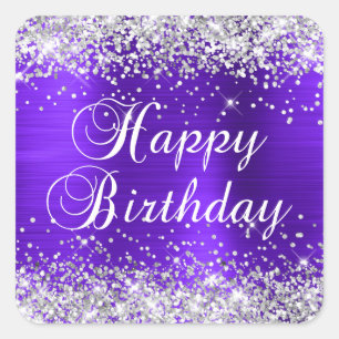 Silver Glitter Violet Paarse Happy Birthday Vierkante Sticker