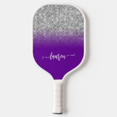 Silver Glitter Violet Paarse Ombre Modern Script Pickleball Paddle (Achterkant)