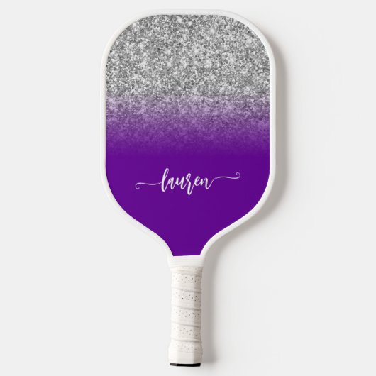Silver Glitter Violet Paarse Ombre Modern Script Pickleball Paddle (Achterkant)
