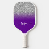 Silver Glitter Violet Paarse Ombre Modern Script Pickleball Paddle (Voorkant)