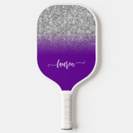 Silver Glitter Violet Paarse Ombre Modern Script Pickleball Paddle