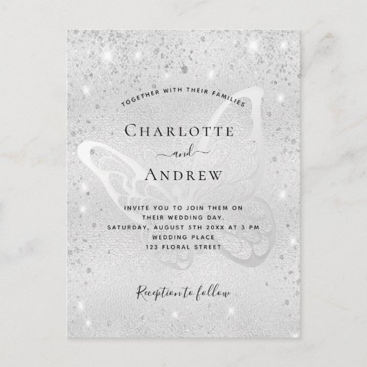 Silver glitter vlinder elegant bruiloft uitnodiging briefkaart (Voorkant)