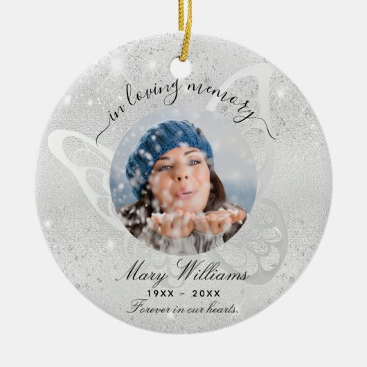 Silver glitter vlinder foto-herdenking keramisch ornament (Voorkant)