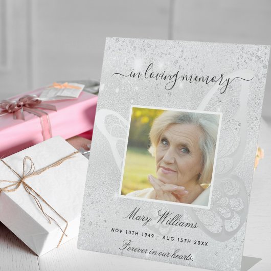 Silver glitter vlinder foto-herdenking reclamebord met voetstuk