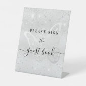 Silver glitter vlinder gastboek reclamebord met voetstuk (Voorkant)
