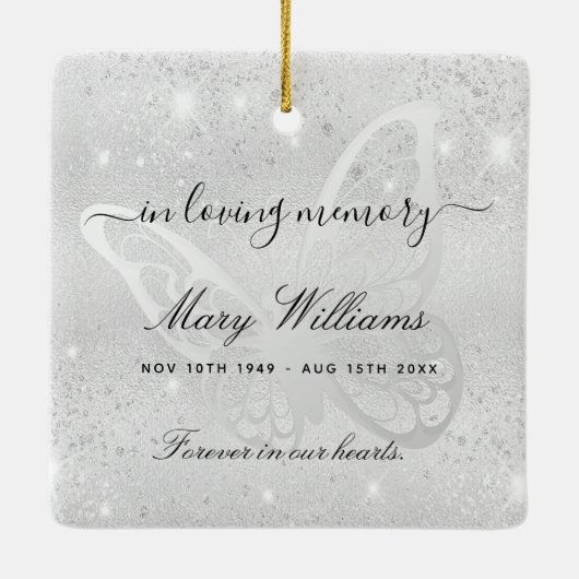 Silver glitter vlindermonument keramisch ornament (Achterkant)