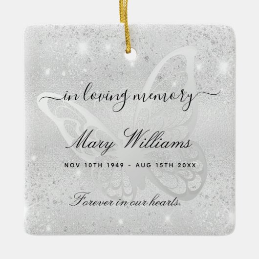 Silver glitter vlindermonument keramisch ornament (Voorkant)