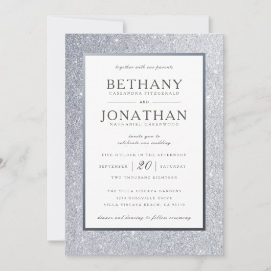 Silver Glitter Wedding Invitation Kaart (Voorkant)