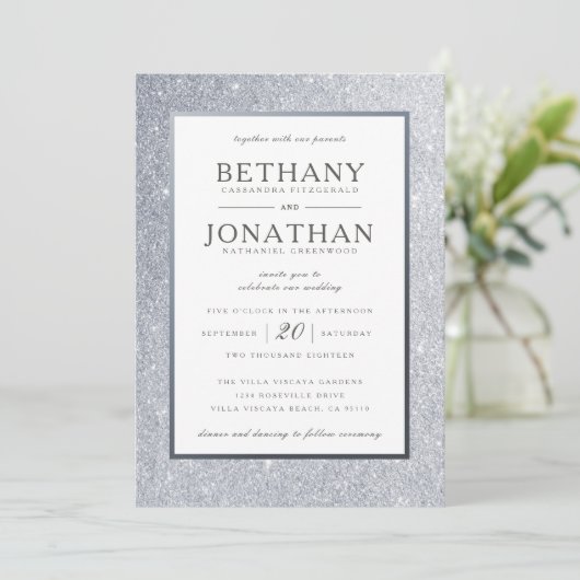 Silver Glitter Wedding Invitation Kaart (Staand voorkant)
