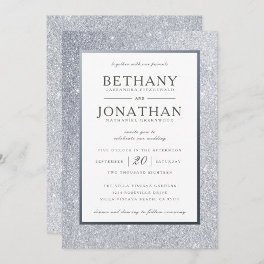 Silver Glitter Wedding Invitation Kaart (Voorkant / Achterkant)
