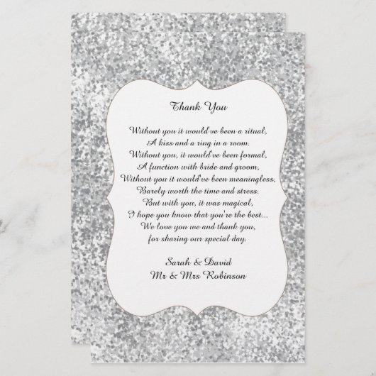 Silver Glitter Wedding Poem Dank u voor de rol (Voorkant / Achterkant)
