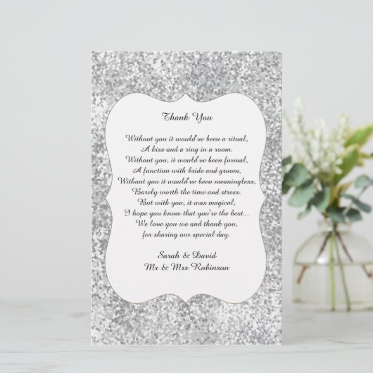 Silver Glitter Wedding Poem Dank u voor de rol (Staand voorkant)
