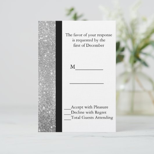Silver Glitter Wedding RSVP Kaart (Staand voorkant)
