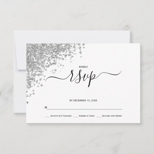 Silver Glitter Wedding RSVP Kaartje (Voorkant)
