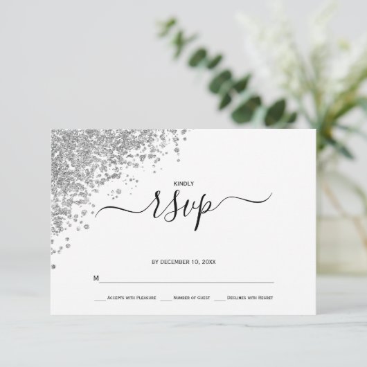 Silver Glitter Wedding RSVP Kaartje (Staand voorkant)