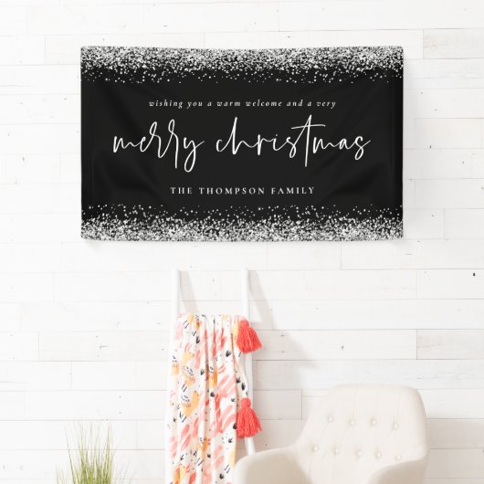 Silver Glitter Welcome Merry kerstnaam Black Spandoek (Insitu)
