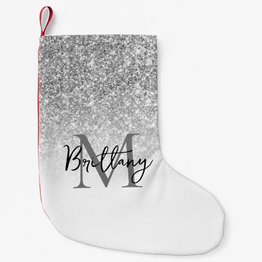 Silver Glitter White Ombre Monogrammed Kleine Kerstsok (Voorkant)