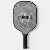 Silver glitter white script monogram name pickleball paddle (Voorkant)