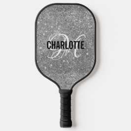 Silver glitter white script monogram name pickleball paddle