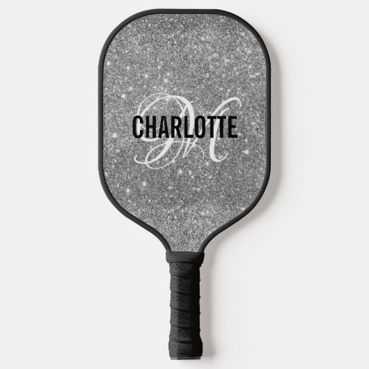 Silver glitter white script monogram name pickleball paddle (Voorkant)