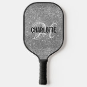 Silver glitter white script monogram name pickleball paddle (Achterkant)