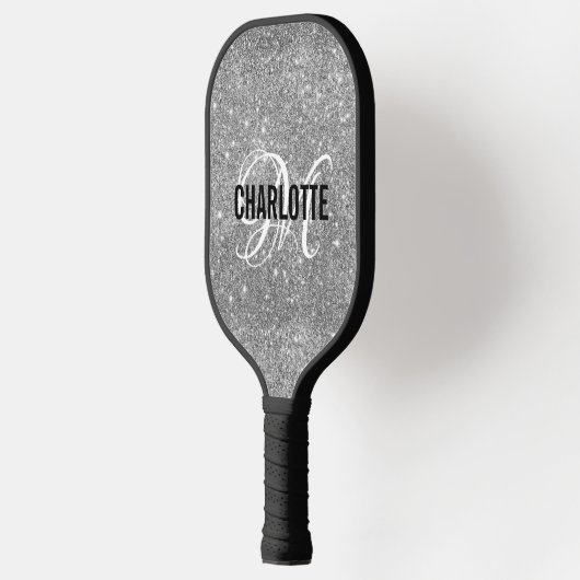 Silver glitter white script monogram name pickleball paddle (Links)