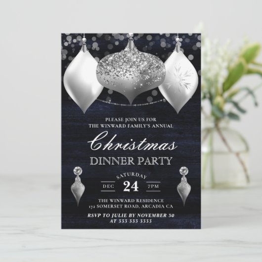 Silver Glitter Winter Baubles Kerstdiner Kaart (Staand voorkant)
