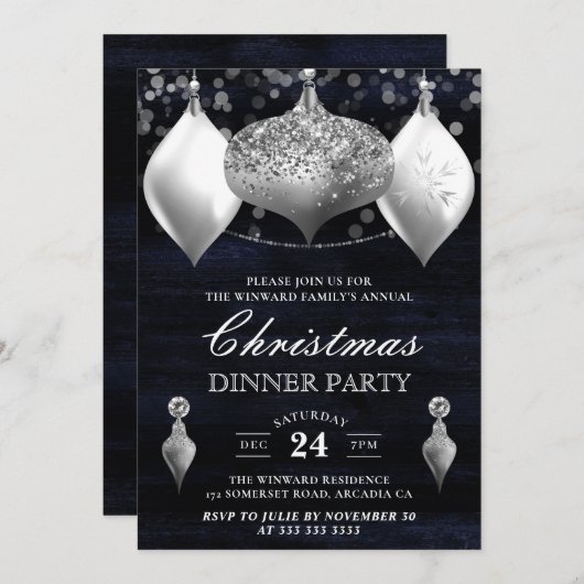 Silver Glitter Winter Baubles Kerstdiner Kaart (Voorkant / Achterkant)