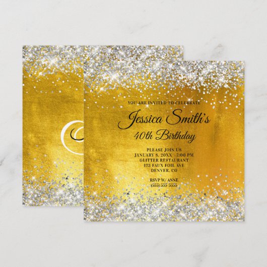 Silver Glitter Yellow Gold Foil 40th Birthday Kaart (Voorkant / Achterkant)