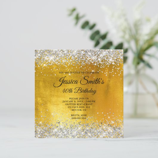 Silver Glitter Yellow Gold Foil 40th Birthday Kaart (Staand voorkant)