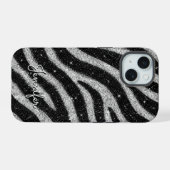 Silver Glitter Zebra Print Glam Personalized Name iPhone 15 Case (Achterkant horizontaal)