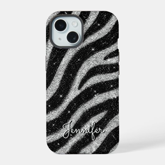 Silver Glitter Zebra Print Glam Personalized Name iPhone 15 Case (Achterkant)