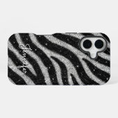 Silver Glitter Zebra Print Glam Personalized Name iPhone 16 Hoesje (Achterkant horizontaal)