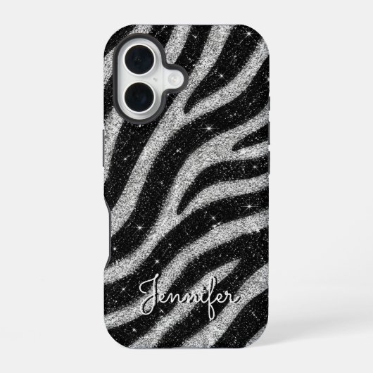 Silver Glitter Zebra Print Glam Personalized Name iPhone 16 Hoesje (Achterkant)