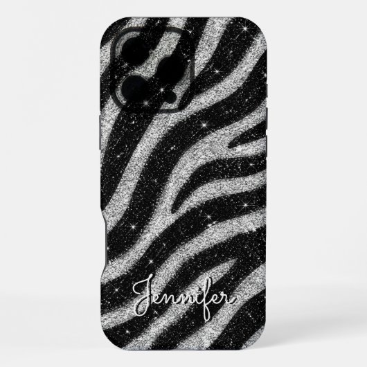 Silver Glitter Zebra Print Glam Personalized Name iPhone Hoesje (Achterkant)