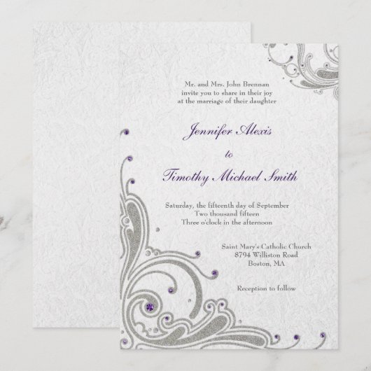 Silver glitter zwaait paarse juwelen bruiloft uit kaart (Voorkant / Achterkant)