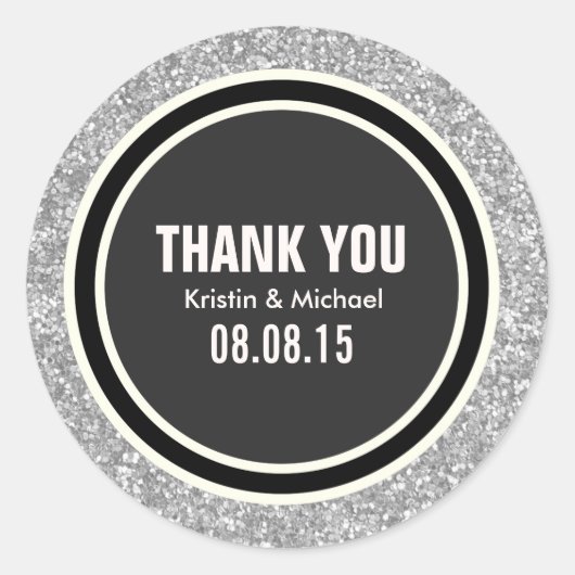Silver Glitter & Zwart Dank je ronde Stickers (Voorkant)