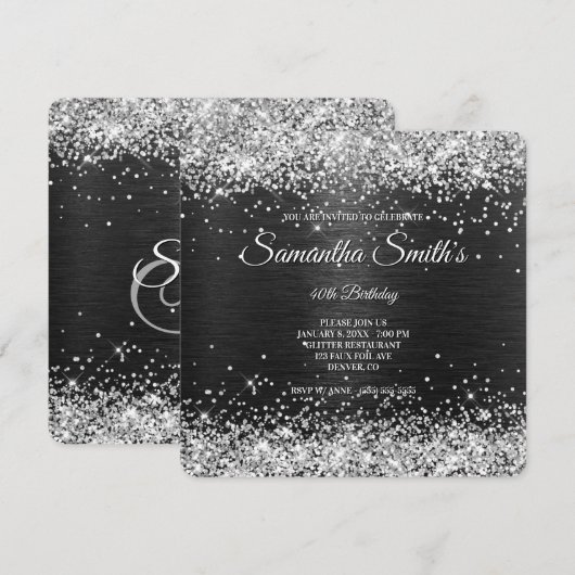 Silver Glitter Zwart Folie 40e Verjaardag Monogram Kaart (Voorkant / Achterkant)