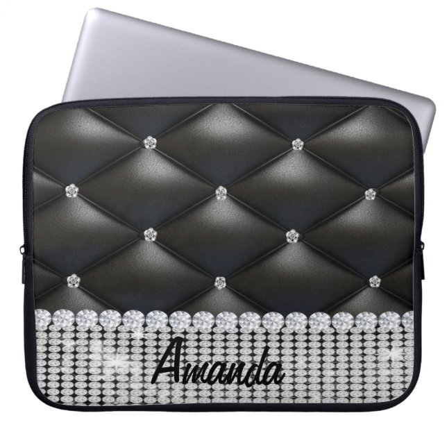 Silver Glitter Zwart Monogram Laptop hoesje Sleeve (Voorkant)