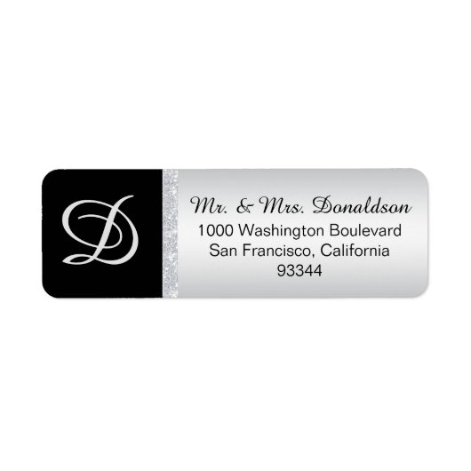 Silver Glitter Zwart Monogram Letter Initiaal Etiket (Voorkant)