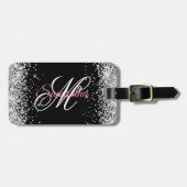 Silver Glitter Zwart Wit en Roze Fancy Monogram Bagagelabel (Voorkant horizontaal)