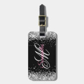 Silver Glitter Zwart Wit en Roze Fancy Monogram Bagagelabel (Voorkant verticaal)