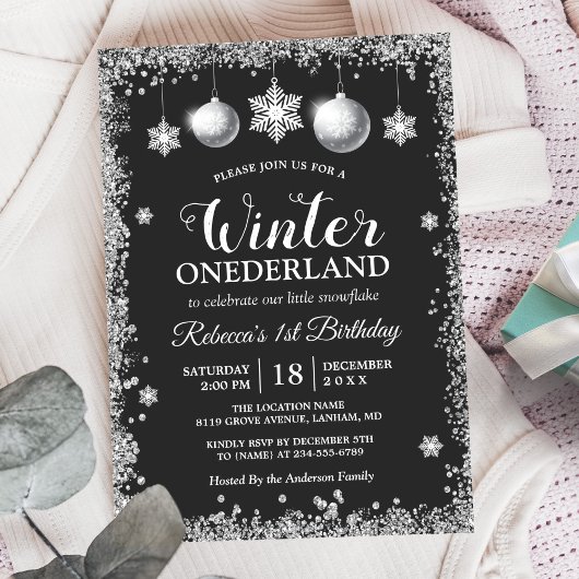 Silver Glitters Xmas ONEderland Birthday Party Kaart
