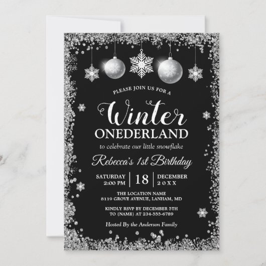 Silver Glitters Xmas ONEderland Birthday Party Kaart (Voorkant)