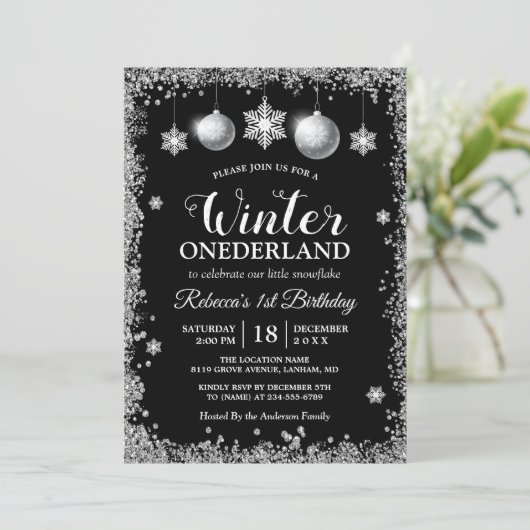 Silver Glitters Xmas ONEderland Birthday Party Kaart (Staand voorkant)