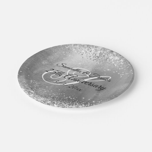 Silver Glittery Folie Monogram 25e Jubileum Papieren Bordje (Gekanteld)