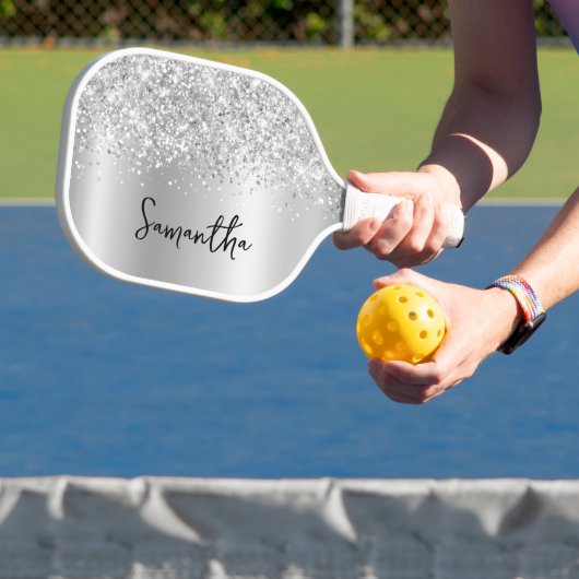 Silver Glittery Glam Shimmer Gradient Script Name Pickleball Paddle (Insitu)
