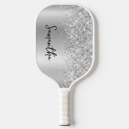 Silver Glittery Glam Shimmer Gradient Script Name Pickleball Paddle (Voorkant)